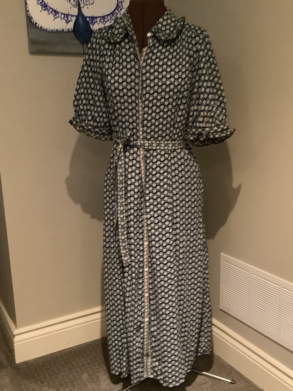 Max Studio Navy and White Printed Button-Front Maxi Dress with Tie Belt